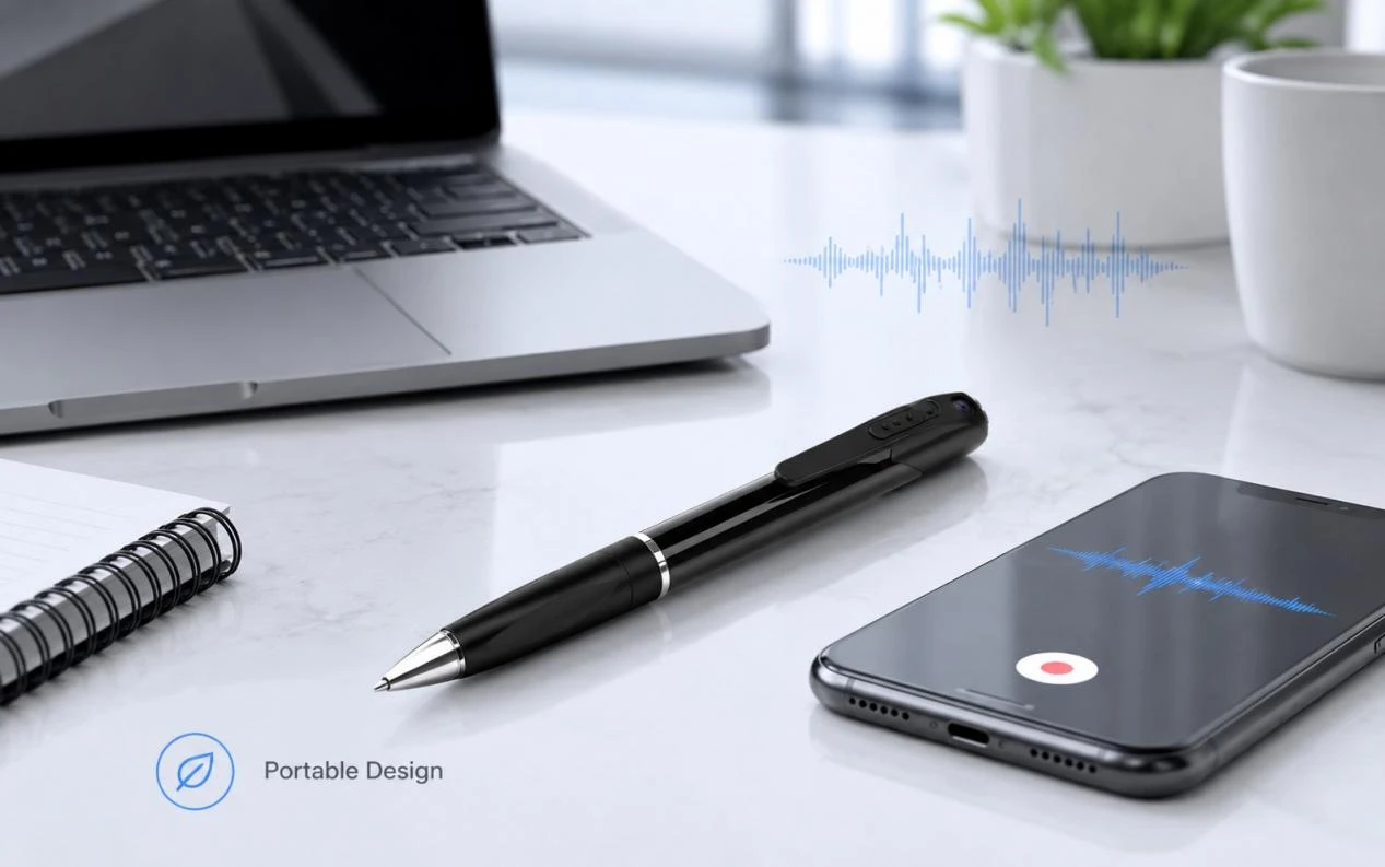 Portable pen spy camera with audio recording on an office desk beside a smartphone Portable pen spy camera with audio recording on an office desk beside a smartphone
